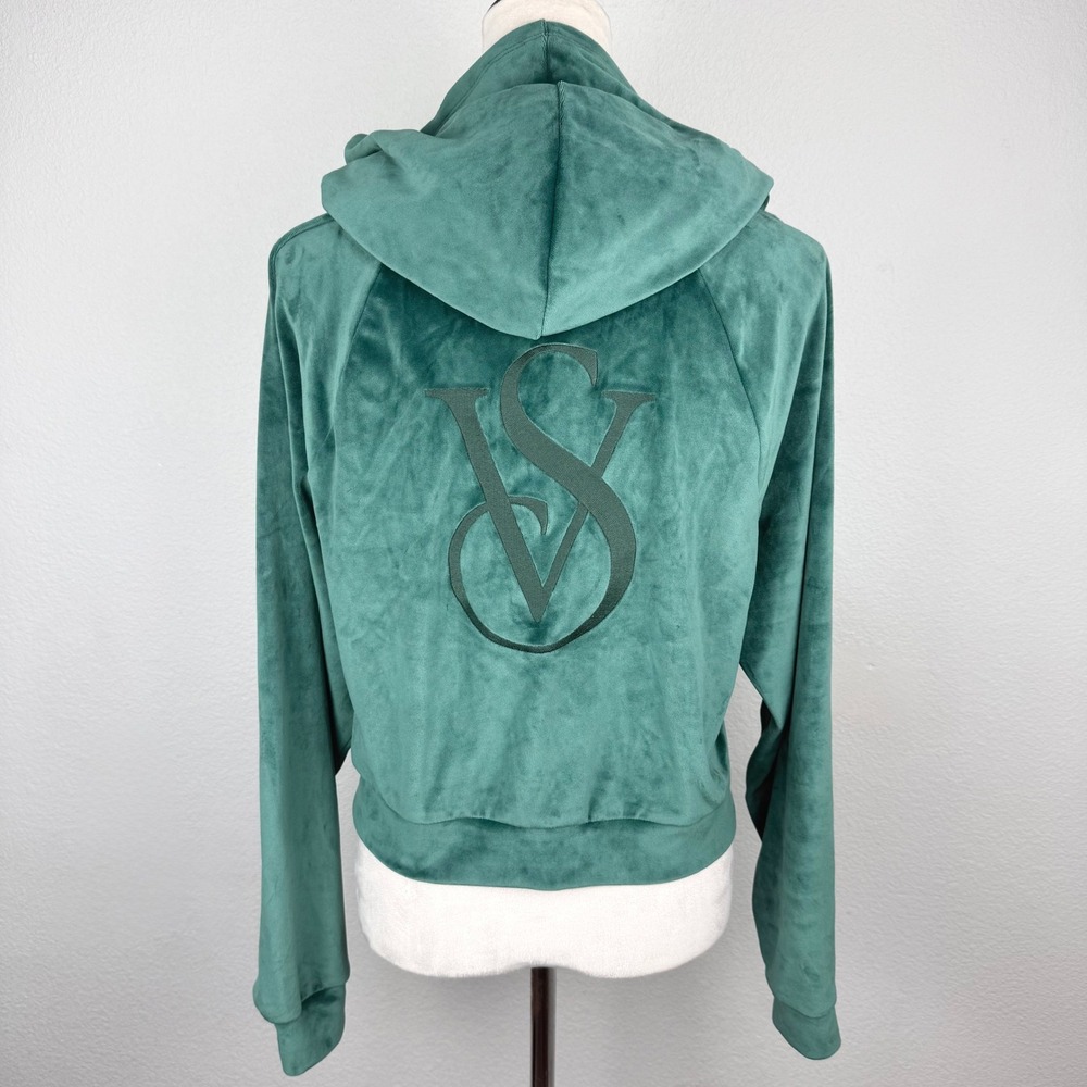 Victoria's Secret Velour Hoodie Green Embroidered Zip Up Back Logo Sweatshirt M